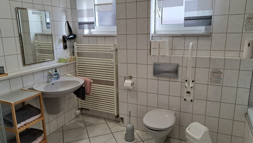 Im geräumigen Badezimmer sind Dusche und WC, ausgestattet mit Föhn, Handtuchtrockner, Toilettenpapier, Handtücher, Seife und Kosmetiktücher.