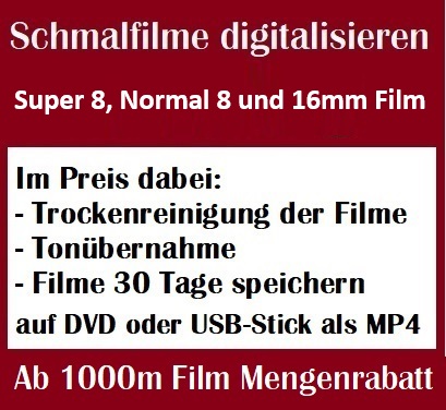 Super 8, Normal 8 und 16mm Filme digitalisieren auf DVD oder als Datei.