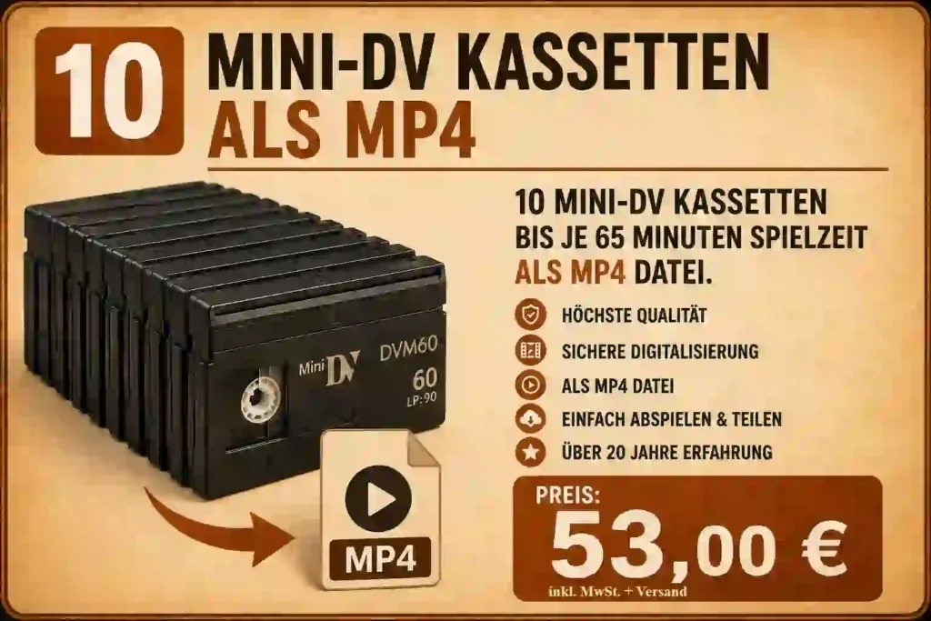 10 Mini-DV Kassetten bis je 45 Minuten Spielzeit professionell als MP4 Datei.