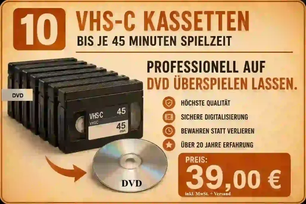 10 VHS-C Kassetten bis je 45 Minuten Spielzeit professionell auf DVD
