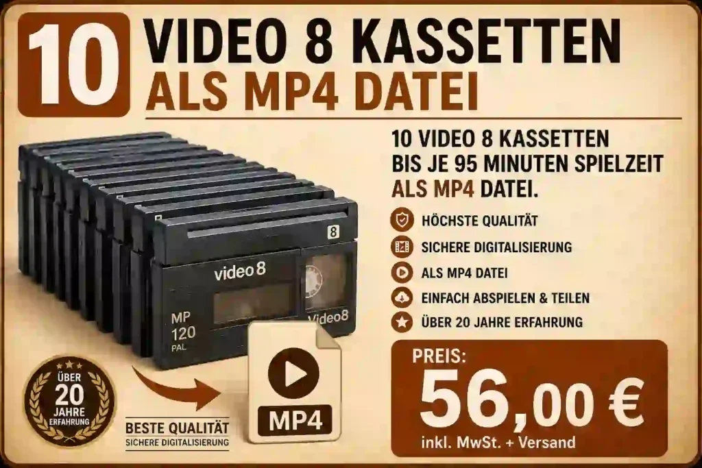 10 Video 8 Kassetten bis je 95 Minuten Spielzeit professionell als MP4 Datei.